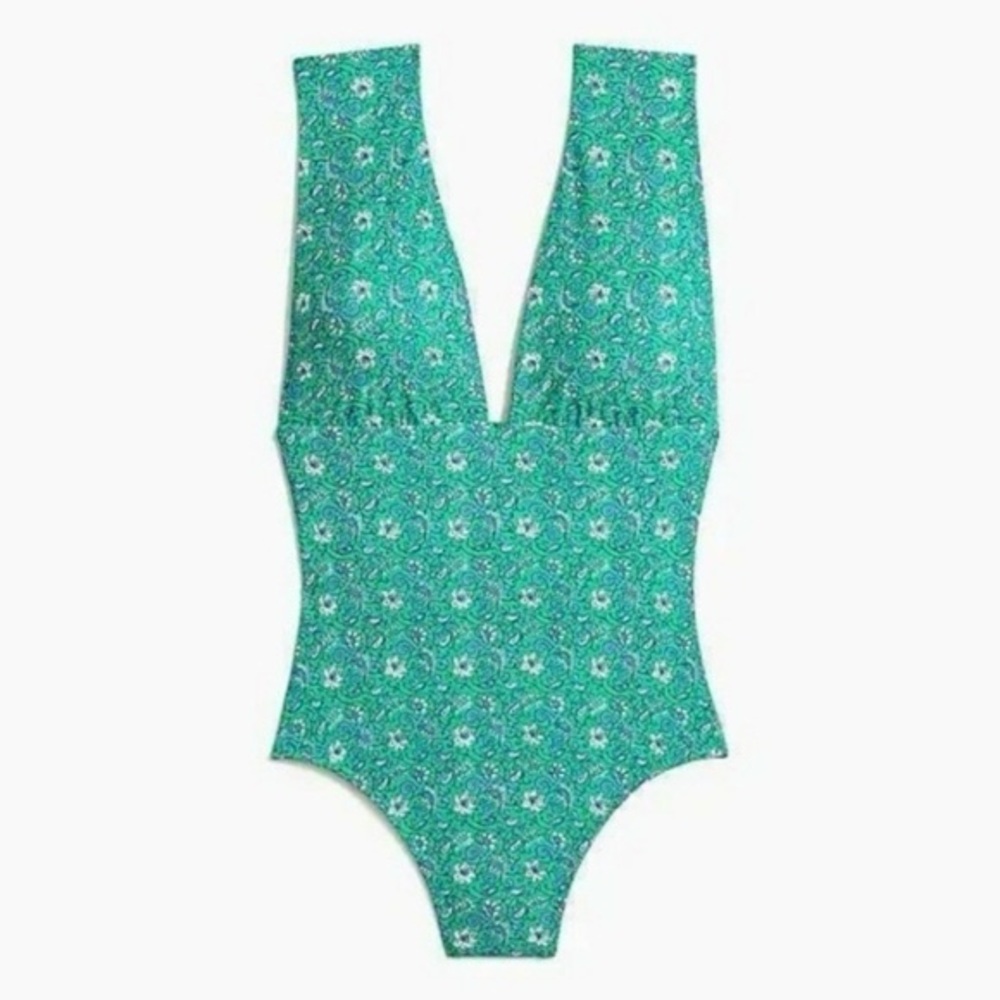 J. Crew Factory Green Floral V-Neck One-Piece Swimsuit - Picture 2 of 4